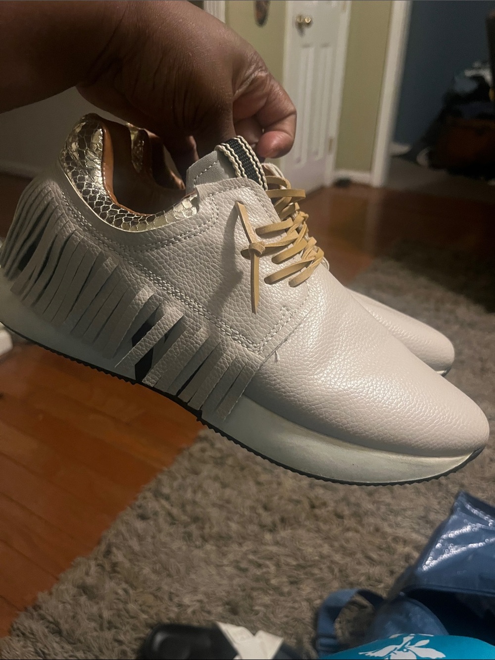 ShuShop Tan Fringe Ankle Sneakers with Gold Heel